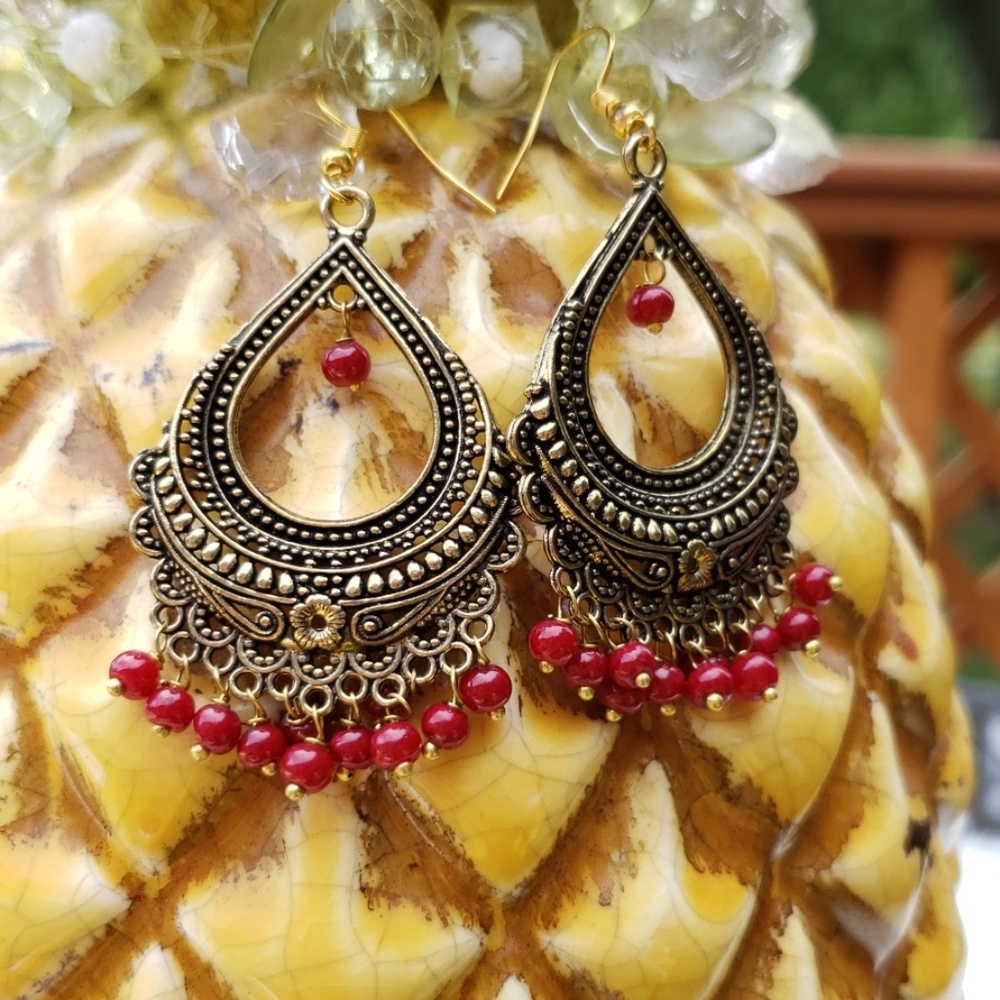SOLD! | RED Bohemian Beaded Earrings - Picture 2 of 6